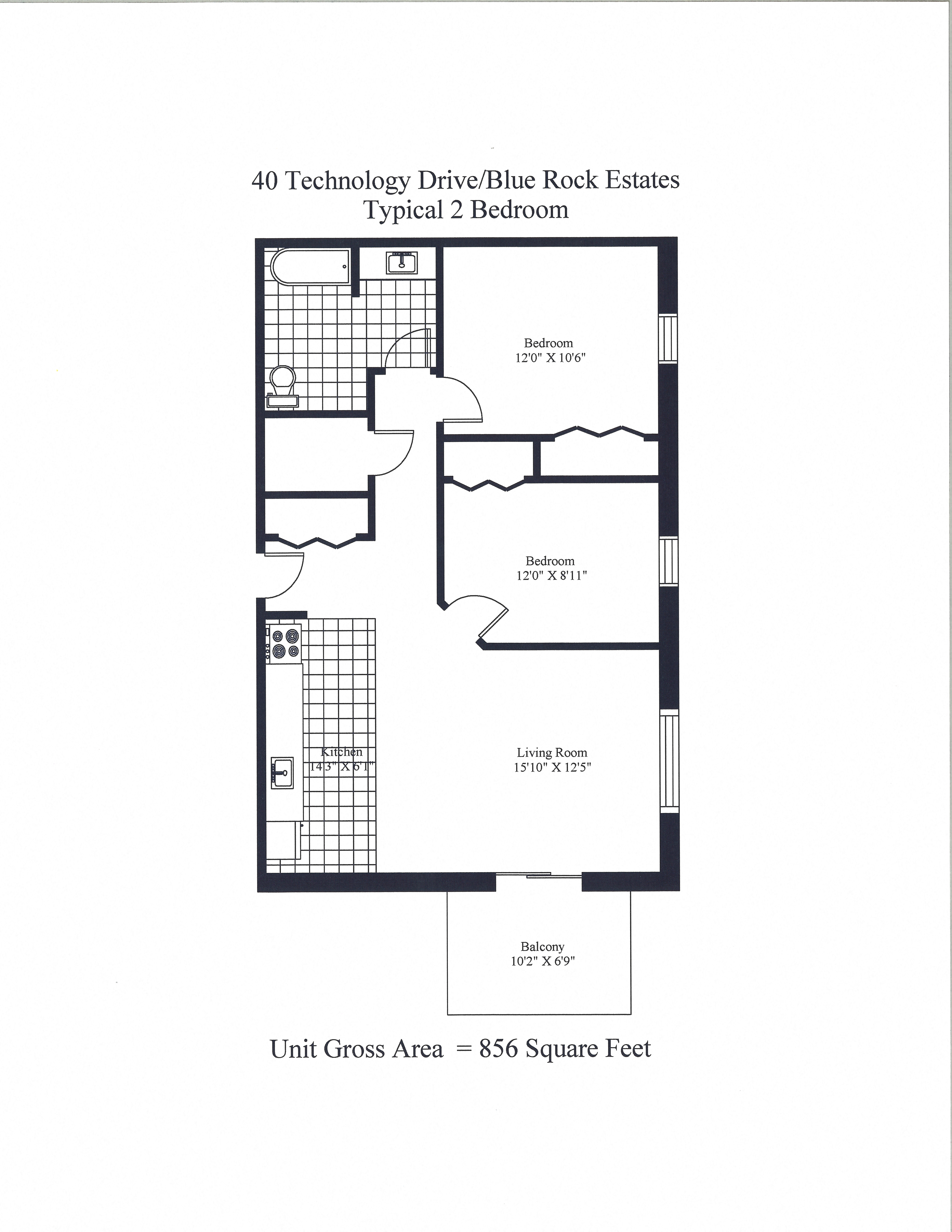 Floor plan for 2 beds, 1 bath, 748 sqft